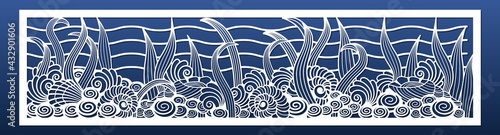 Laser cut panel with underwater design. Wall art, home decor, room divider or screen. CNC cutting stencil. Sea shells and plants pattern. Vector illustration