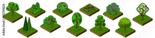 Isometric park garden set. Trees, bushes and shrubs with grass and flowers. Isolated tiles for game or cartoon landscape scenes. Vector illustration.