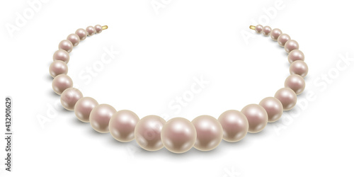 Pearl necklace isolated. Pink pearl beads on shite background. Elegant jewelry accessory. Vector illustration