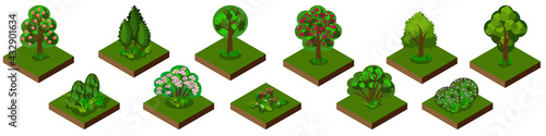 Isometric park garden set. Trees, bushes and shrubs with grass and flowers. Isolated tiles for game or cartoon landscape scenes. Vector illustration.