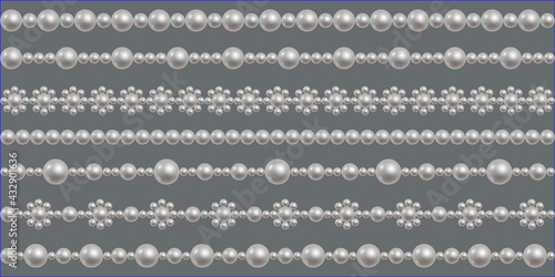 Pearl necklace, set of  seamless borders. White round sea pearl patterns. Vector illustration