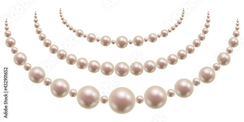 Pearl necklace isolated. Pink pearl beads on white background. Jewelry accessory for woman. Vector illustration