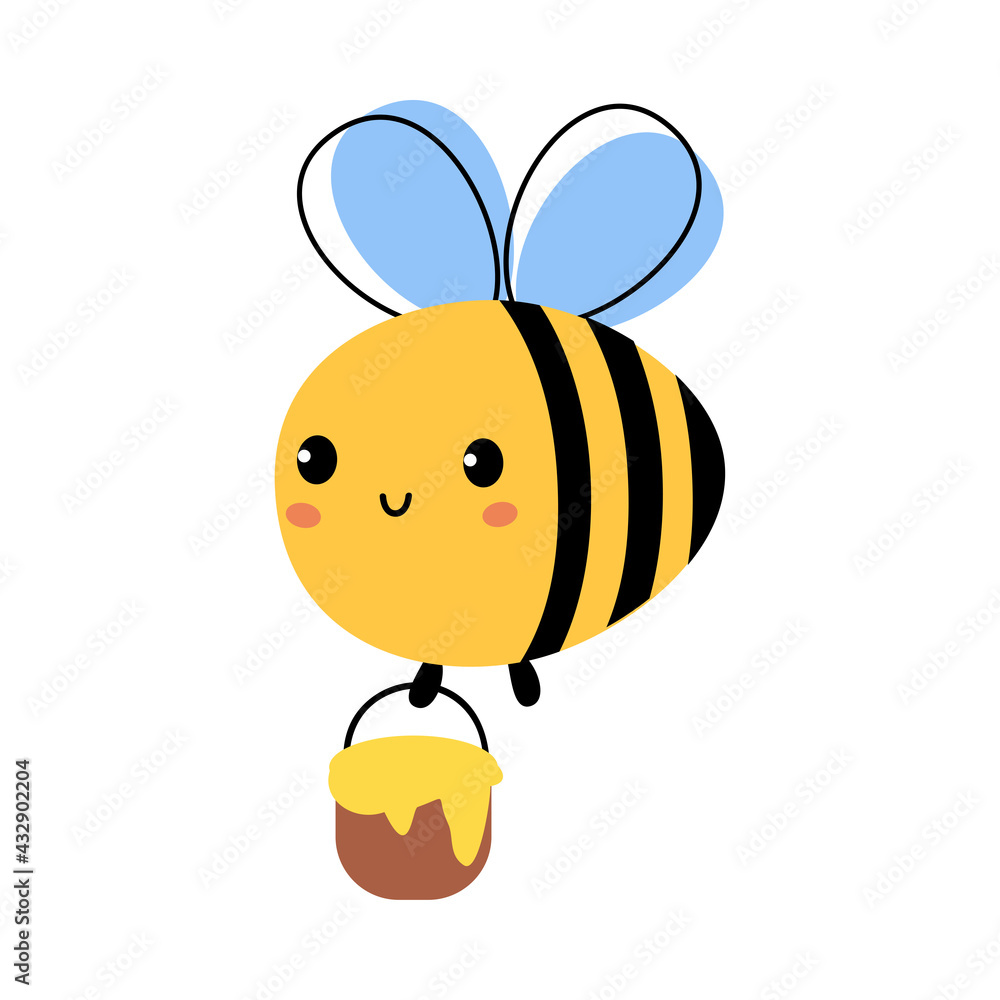 Adorable Bee Flying with Bucket Full of Honey, Cute Lovely Insect Character Cartoon Vector Illustration Adorable Bee Flying with Bucket Full of Honey, Cute Lovely Insect Character Cartoon Vector Illustration