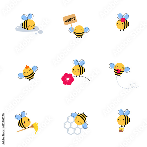 Cute Honey Bee Set, Lovely Flying Insects Collection Honey and Flowers Cartoon Characters Vector Illustration