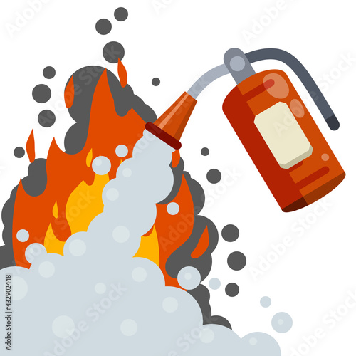 Extinguisher. Fireman tool. Red cylinder. Flat cartoon illustration. Smoke, flame and foam. Big fire