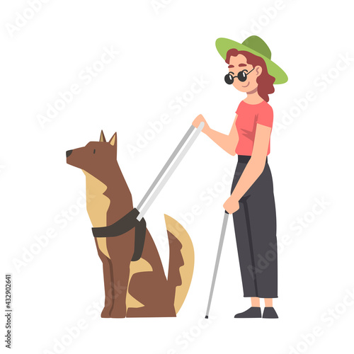 Blind Girl in Glasses Guided by Seeing Eye Dog on Leash, Trained Animal Helping Disabled Person, Rehabilitation, Handicapped Accessibility Concept Cartoon Vector Illustration