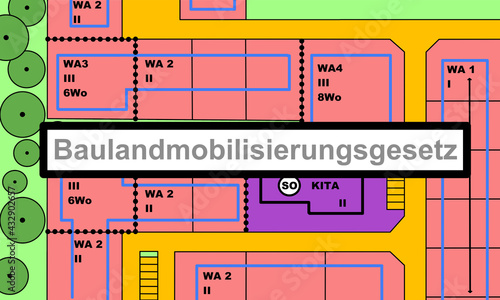 Baulandmobilisierung, neues Gesetz zur Schaffung von Wohnraum in Deutschland, Mai 2021 Bebauungsplan eines fiktiven Baugebiets, Zersiedelung, Wohnraumschaffung, Neubau, Wohnraummangel, Außenbereich