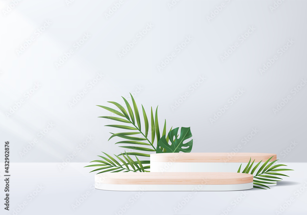 Fototapeta 3d gray background product display wood podium with leaf geometric platform. grey background vector 3d render with podium. wood stand to show cosmetic product. Stage showcase on pedestal white display