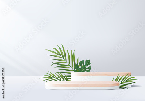 3d gray background product display wood podium with leaf geometric platform. grey background vector 3d render with podium. wood stand to show cosmetic product. Stage showcase on pedestal white display