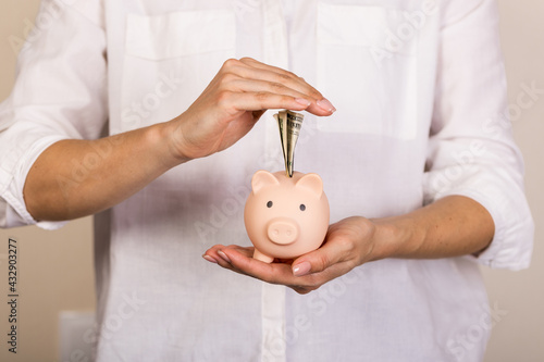 Woman putting dollar bancnote into piggy bank on light blue background, closeup. Space for text photo