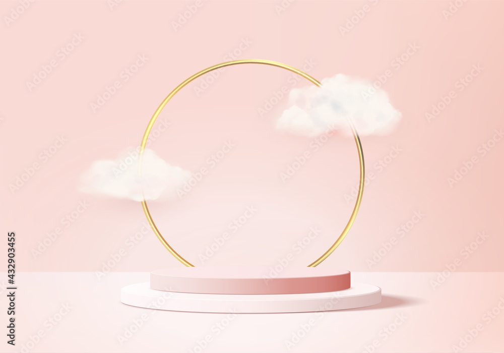 Valentine background vector 3d pink rendering with podium and cloud ...