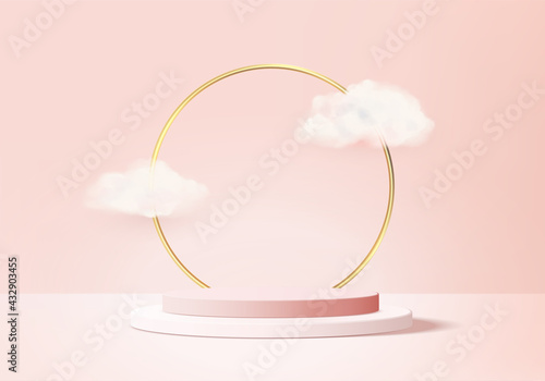 Valentine background vector 3d pink rendering with podium and cloud white scene, cloud 3d minimal background 3d rendering valentine love pink pastel podium. Stage pink on cloud render background