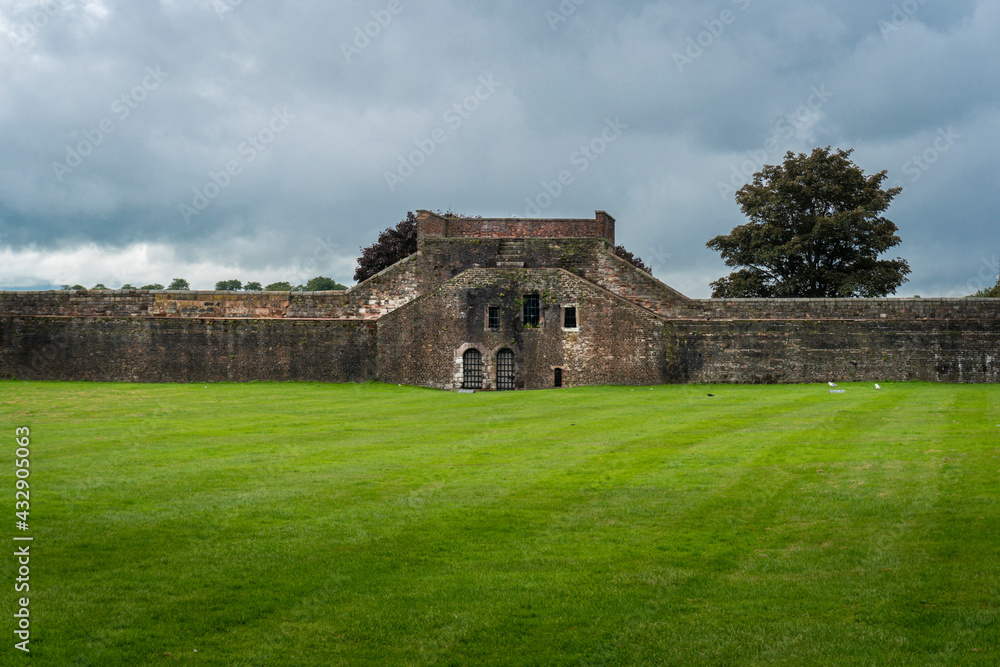 The red bricked walls of the castle in Carlisle, Cumbria, UK