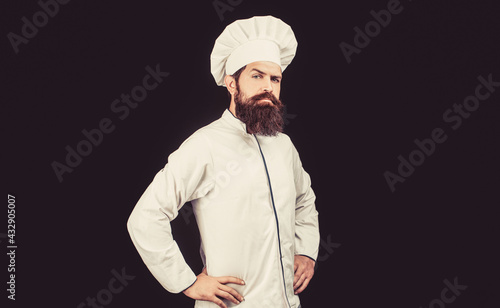 Chef, cooks or baker. Bearded male chefs isolated on black. Cook hat