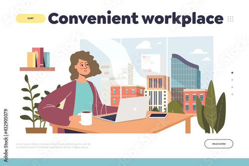 Convenient workplace concept of landing page with freelancer girl work from home
