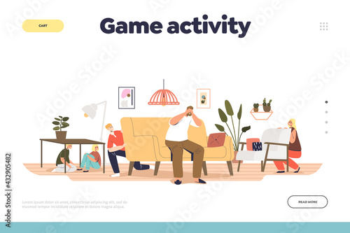 Game activity concept of landing page with big family play hide and seek at home