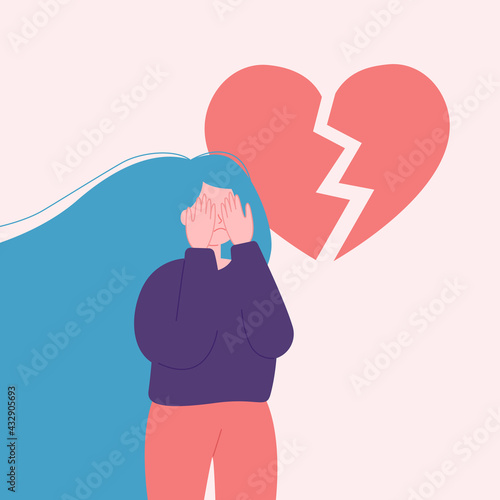 Upset and depressed girl with broken heart or teenager problem puberty. Сoncept of depression and failed relationships, unhappy love.