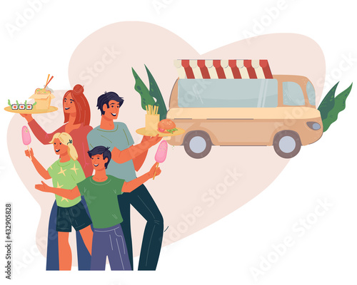 Street food or farm festival fair with food truck and happy family. Family buying food on culinary fest. Street restaurant or cafeteria, flat vector illustration.