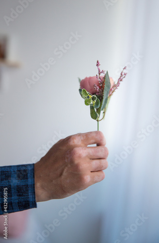 a man's hand holds a vitiligo flower