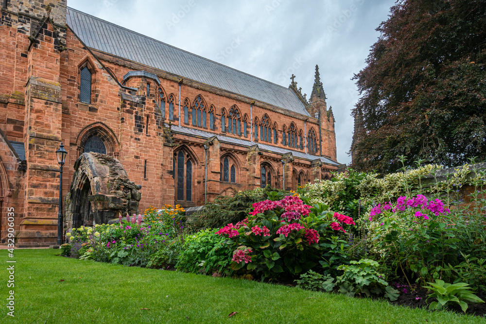 Carlisle Cathedral and gardens in the city of Carlisle, Cumbria, UK