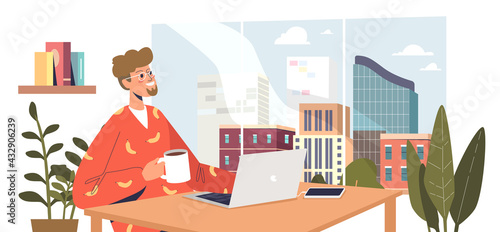 Freelancer man working on laptop in modern coworking space center with in downtown with city view