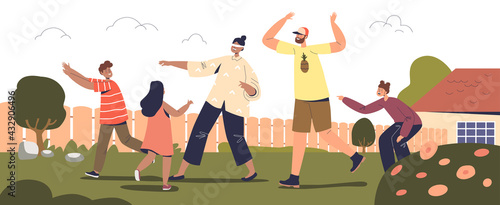 Family game outdoors: parents and kids playing blindfolded outside house on backyard together