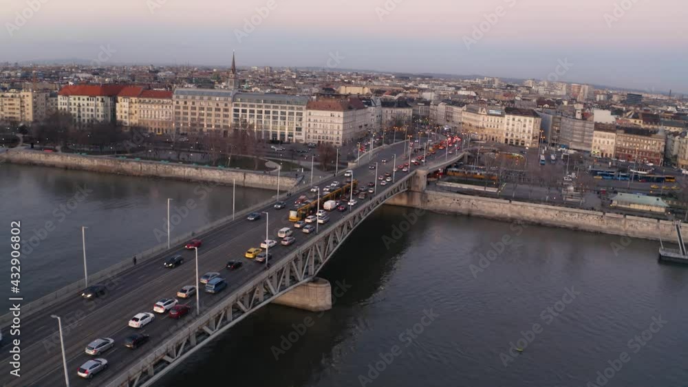 Budapest Danube aerial view with traffic on a bridge Budapest Danube aerial view with traffic on a bridge