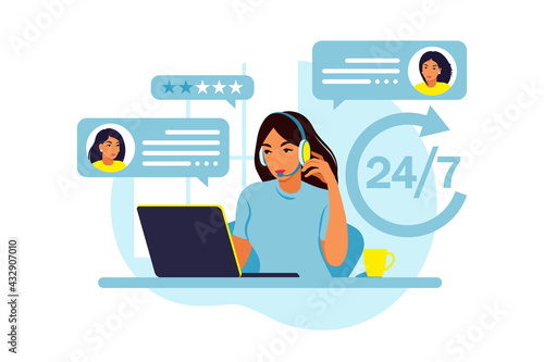 Customer service concept. Woman with headphones and microphone with laptop. Support, assistance, call center. Vector illustration. Flat style