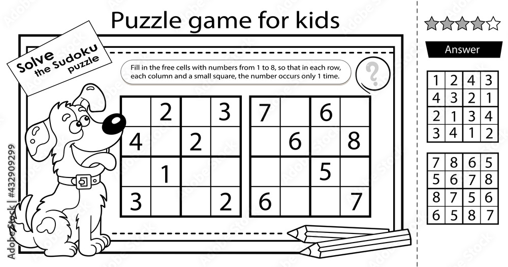Solve the sudoku puzzle together with the fun dog. Logic puzzle for