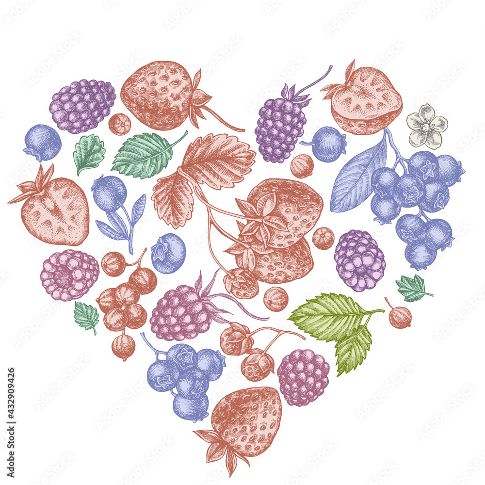 Heart design with pastel strawberry, blueberry, red currant, raspberry, blackberry Heart design with pastel strawberry, blueberry, red currant, raspberry, blackberry