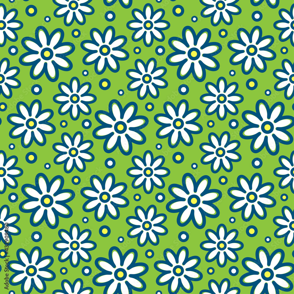 Beautiful white chamomile flowers isolated on a green background. Cute floral seamless pattern. Vector simple flat graphic illustration. Texture. Beautiful white chamomile flowers isolated on a green background. Cute floral seamless pattern. Vector simple flat graphic illustration. Texture.