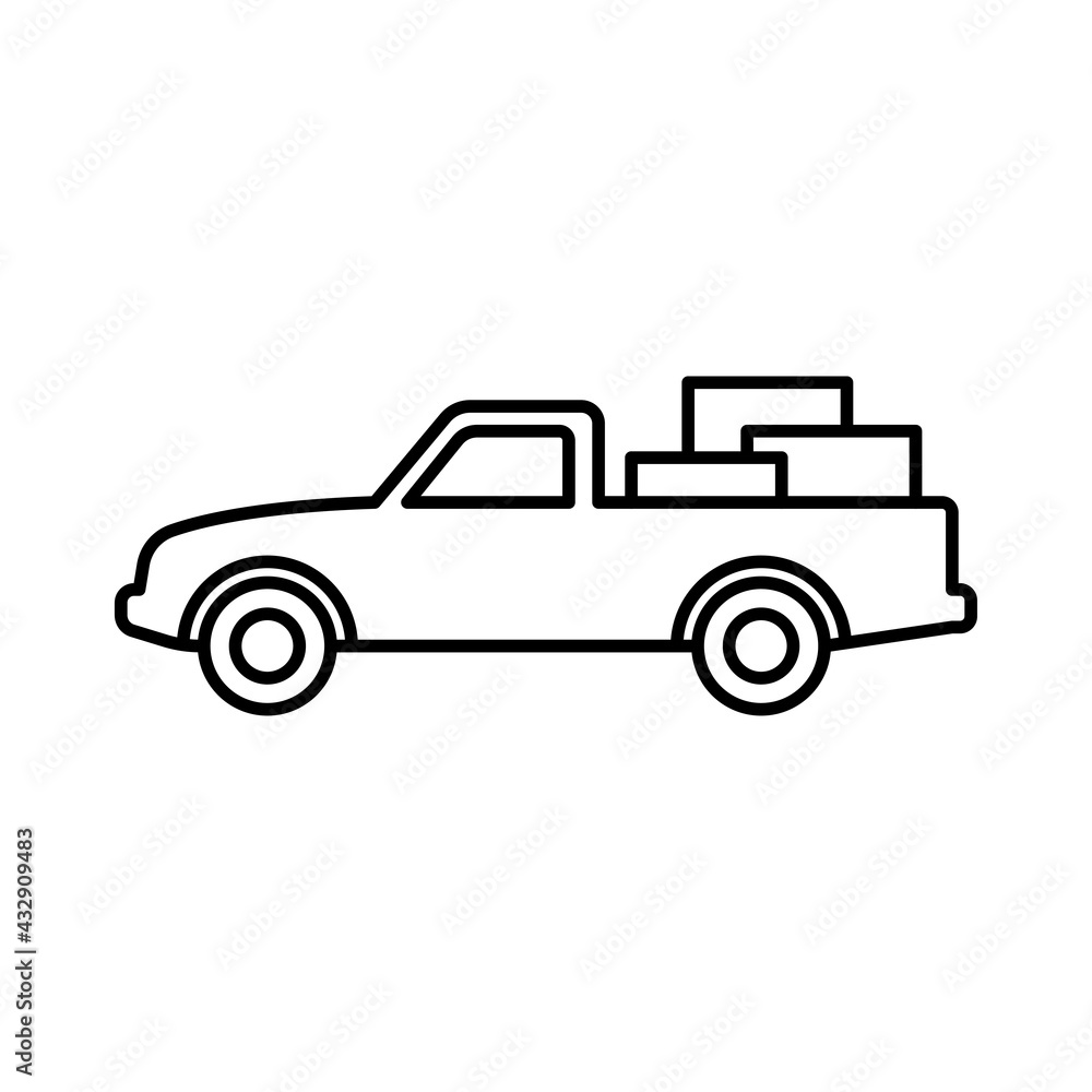 Pickup truck icon. Car and boxes. Black contour linear silhouette. Side view. Vector simple flat graphic illustration. The isolated object on a white background. Isolate.