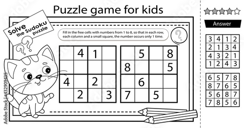 Solve the sudoku puzzle together with the fun cat. Logic puzzle for kids. Education game for children. Coloring Page. Worksheet vector design for schoolers.