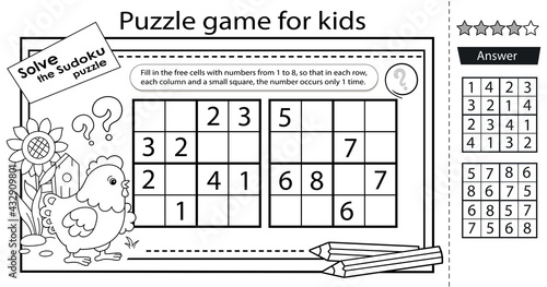 Solve the sudoku puzzle together with the chicken on farm. Logic puzzle for kids. Education game for children. Coloring Page. Worksheet vector design for schoolers.