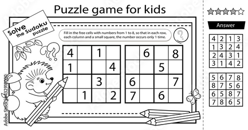 Solve the sudoku puzzle together with the little hedgehog. Logic puzzle for kids. Education game for children. Coloring Page. Worksheet vector design for schoolers.
