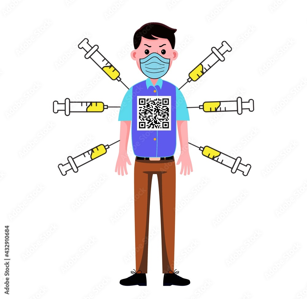 Masked character, vaccinated, confined, with qr code confinement Masked character, vaccinated, confined, with qr code confinement