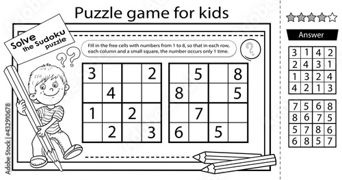 Sudoku puzzle. Logic puzzle for kids. Education game for children. Boy with pencil. Coloring Page. Worksheet vector design for schoolers.
