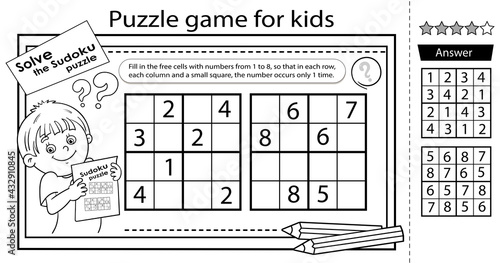 Solve the sudoku puzzle together with the boy. Logic puzzle for kids. Education game for children. Coloring Page. Worksheet vector design for schoolers.