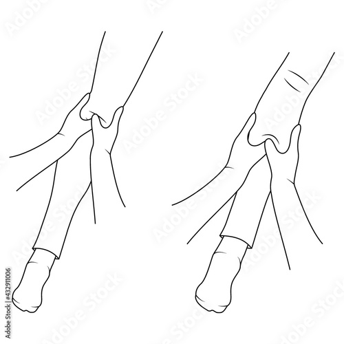 Massage. Yumeiho therapy line. Instructions for performing massage techniques, kneading the leg muscles. Simple vector illustration for physical therapy guidelines, websites and prints.