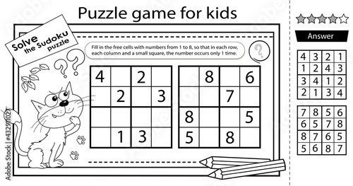 Solve the sudoku puzzle together with the fun cat. Logic puzzle for kids. Education game for children. Coloring Page. Worksheet vector design for schoolers.