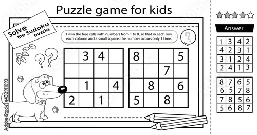 Solve the sudoku puzzle together with the fun dog. Logic puzzle for kids. Education game for children. Coloring Page. Worksheet vector design for schoolers.