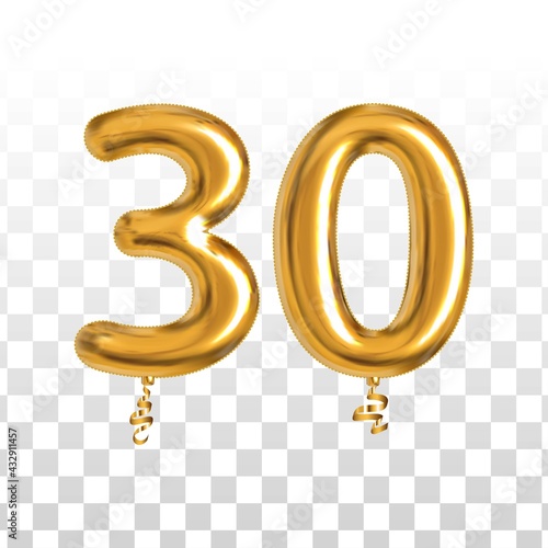 Vector realistic isolated golden balloon number of 30 for invitation decoration on the transparent background.