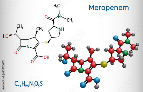 Meropenem molecule. It is broad-spectrum carbapenem antibiotic. Structural chemical formula and molecule model