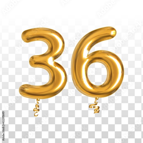 Vector realistic isolated golden balloon number of 36 for invitation decoration on the transparent background.