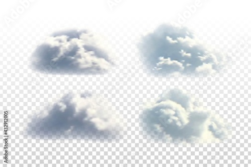 Vector set of realistic isolated cloud for template decoration and covering on the transparent background. Concept of storm and cloudscape.