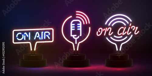 Vector set of realistic isolated neon sign of On Air logo. Concept of podcast and live streaming.