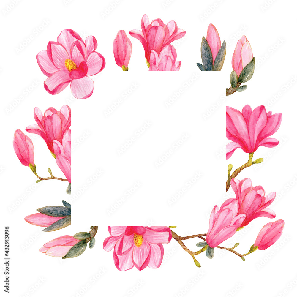 Square frame with watercolor pink magnolia flowers on white background. Template for the design of cards, invitations, flyers, posters and more.