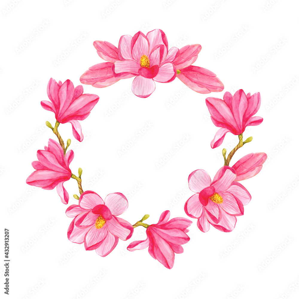 Round frame with watercolor pink magnolia flowers on a white background. Template for the design of cards, invitations, flyers, posters and more.