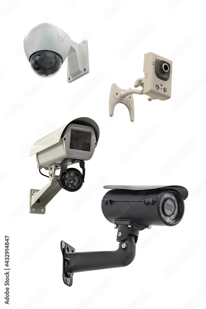 four modern video cameras to track the situation at the object on a white background