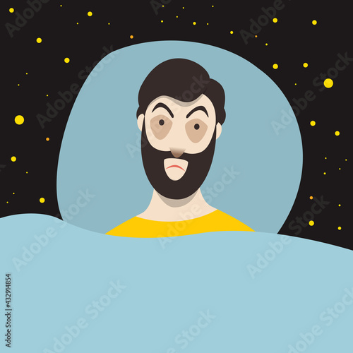Man with sleep problems and insomnia symptoms. Flat  illustration.